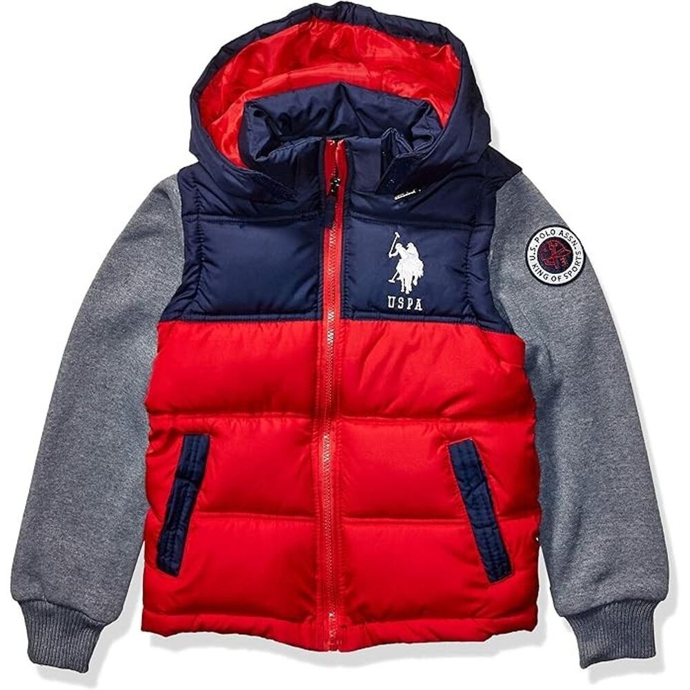 US Polo Association Boys' Big Bubble Jacket, Fleece Sleeves red, 5/6